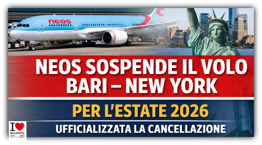 Neos sospende il volo diretto Bari�New York  nel 2026