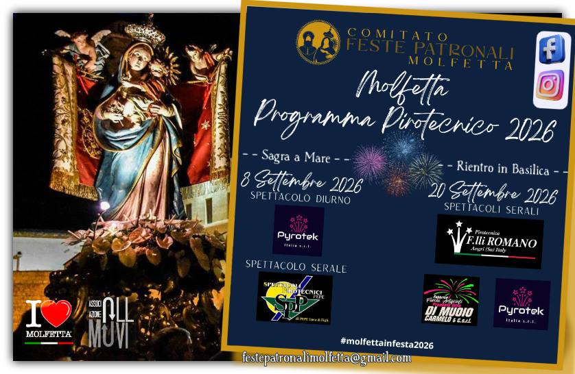 A Molfetta il programma pirotecnico della Festa Patronale 2026 prende vita A Molfetta il programma pirotecnico della Festa Patronale 2026 prende vita